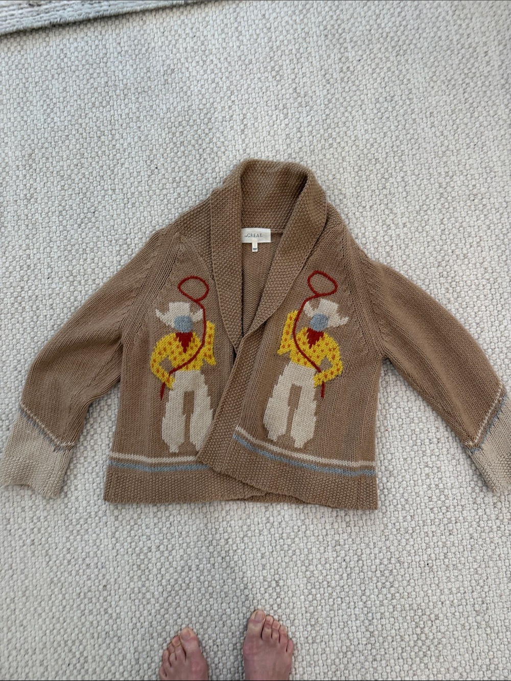 THE GREAT. Tan Knit Shawl-Collar Sweater with Yellow & Red Motif